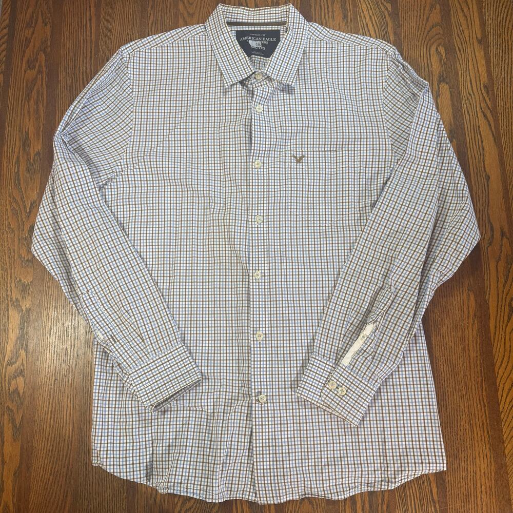 American Eagle Vintage Fit XXL Plaid Button Down Brown Blue Check Long Sleeve